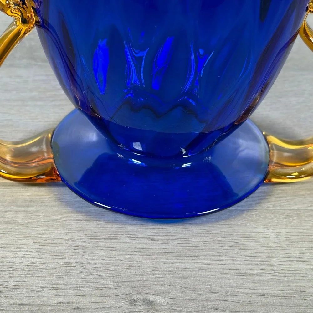 Blenko Cobalt Blue Optic Honeycomb Pitcher Amber Handles 9.5